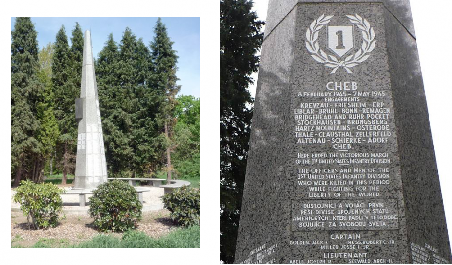 Detail pomníku věnovaný americkým vojákům - američtí vojáci ho zhotovili  v Německu a dne 12. června 1946 převezli na pozemek darovaným městem Cheb, kde ho také sami instalovali