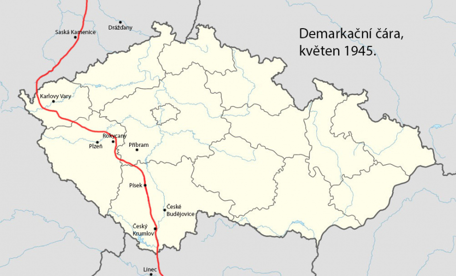 Obrázek s vyznačením demarkační čáry v květnu 1945