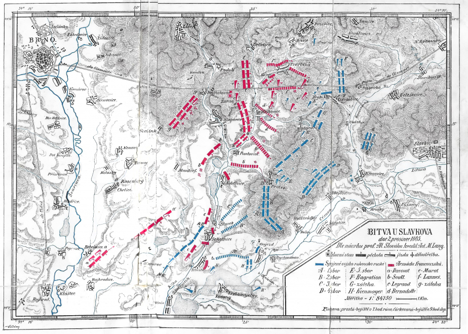 Mapa bojiště u Slavkova z druhého vydání knihy Aloise Slováka.